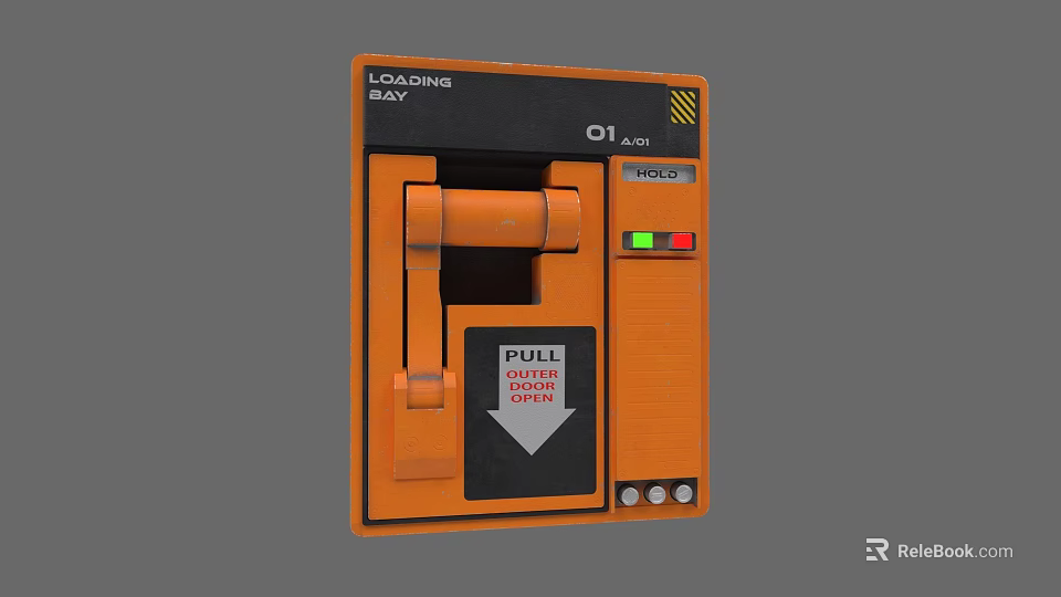 Orange Swing Door With Black Panel Pull Handle And Arrow Indicator 3d model 