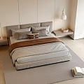 Modern Double Bed with Striped Bedding Nightstands and Wooden Floor Accents