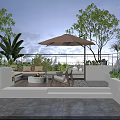 Tropical Courtyard Garden With Outdoor Seating Umbrella Shade Green Plants And Patio Lighting
