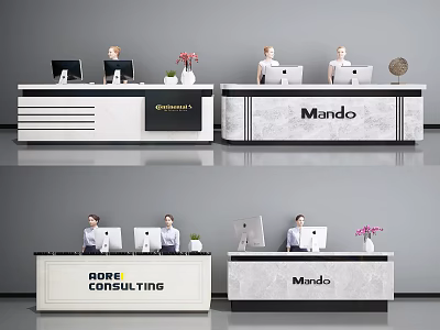 Modern Reception Desk Design With Computers Flowers Logos And Decorative Fan 3d model