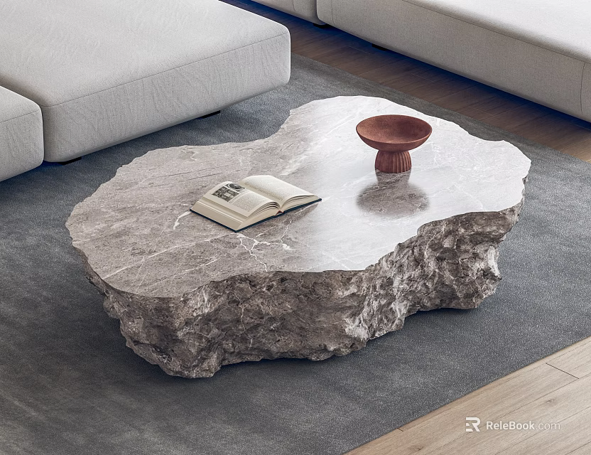 Irregular Shaped Marble Coffee Table With Open Book And Brown Bowl On Gray Rug 3d model 