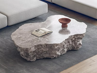 Irregular Shaped Marble Coffee Table With Open Book And Brown Bowl On Gray Rug 3d model