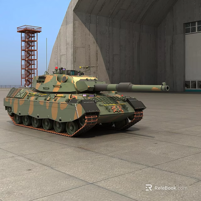 Camouflage Military Tank Parked In Large Warehouse With Red Tower Structure 3d model 