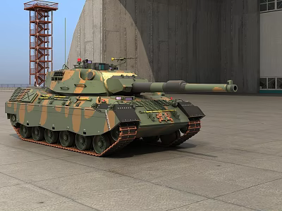 Camouflage Military Tank Parked In Large Warehouse With Red Tower Structure 3d model