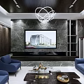 Modern Living Room Interior With Blue Sofas Accent Chairs Coffee Table TV And Chandelier
