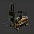 Yellow Rusty Forklift With Cab And Front Forks On Dark Surface