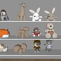 Plush Animal Toys Display With Various Stuffed Figures On White Shelves