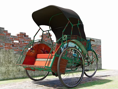 Traditional Green Rickshaw With Red Seats And Black Canopy Near Brick Wall 3d model