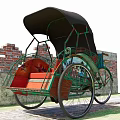 Traditional Green Rickshaw With Red Seats And Black Canopy Near Brick Wall