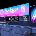 Modern Ballroom Event Space With Pink Blue Stage Backdrop And White Sofa Seats