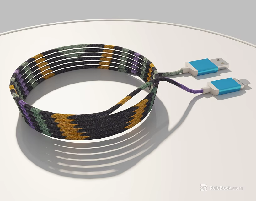 Braided Charging Cable with Colorful Stripes and Blue Connectors for Mobile Devices 3d model 
