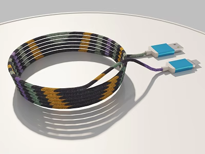 Braided Charging Cable with Colorful Stripes and Blue Connectors for Mobile Devices 3d model
