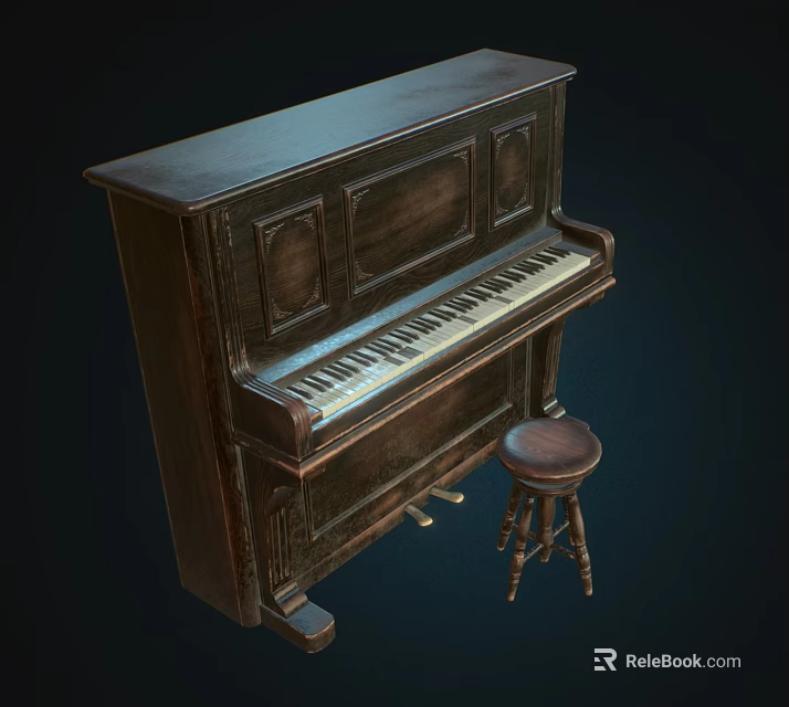 Vintage Wooden Piano With Classic Design And Matching Stool For Music Room 3d model 