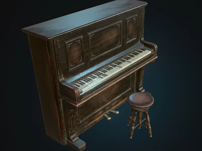 Vintage Wooden Piano With Classic Design And Matching Stool For Music Room 3d model
