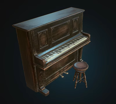 Vintage Wooden Piano With Classic Design And Matching Stool For Music Room 3d model