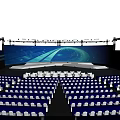 Modern Tech Stage Design With Blue Lighting Large Screen And Seats Arrangement 3d model
