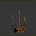 Classic Orange Wooden Boat With Masts Small Cabin And Detailed Deck Structure