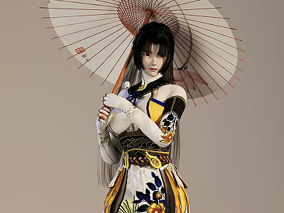 Woman In Elegant Traditional Outfit Holding Decorative Umbrella With Floral Patterns 3d model
