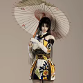 Woman In Elegant Traditional Outfit Holding Decorative Umbrella With Floral Patterns
