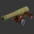 Vintage Brass Cannon With Wooden Carriage And Metal Wheels On Dark Reflective Surface