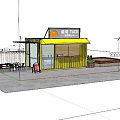 Yellow Container Building as Outdoor Drink Stand With Trees Umbrellas And Tables For People Relaxing