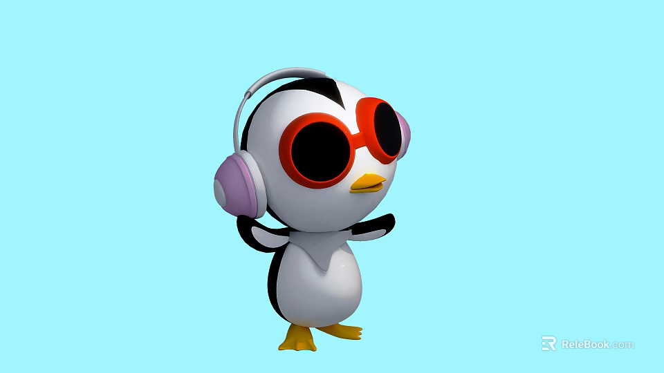 Cartoon Penguin Wearing Red Sunglasses And Purple Headphones On Light Blue Background 3d model 