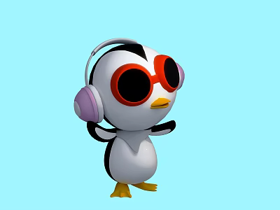 Cartoon Penguin Wearing Red Sunglasses And Purple Headphones On Light Blue Background 3d model