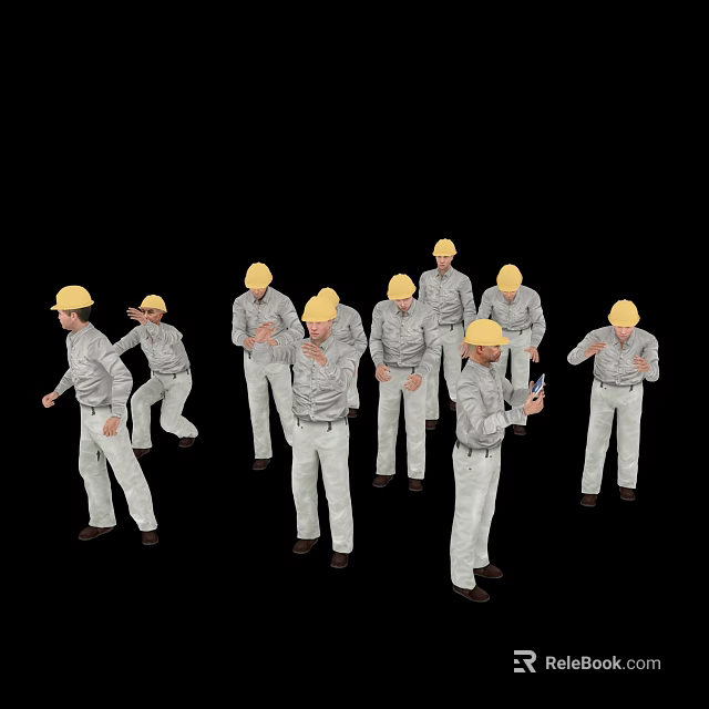 Game Movie Characters Wearing Yellow Hard Hats Gray Shirts White Pants Various Poses Black Background 3d model 