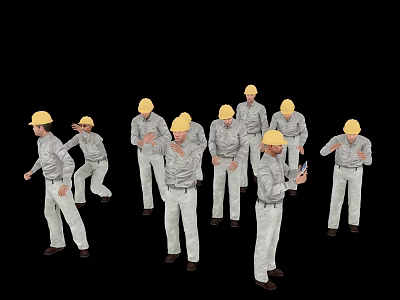 Game Movie Characters Wearing Yellow Hard Hats Gray Shirts White Pants Various Poses Black Background 3d model