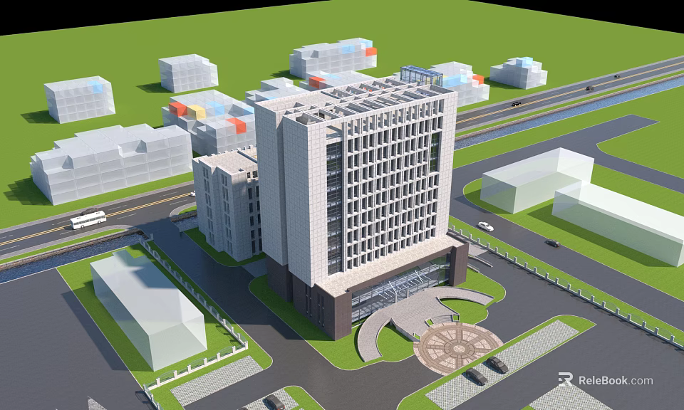 Modern High Rise Office Building With Glass Facade And Urban Surrounding Buildings 3d model 