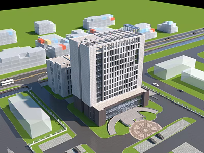 Modern High Rise Office Building With Glass Facade And Urban Surrounding Buildings 3d model