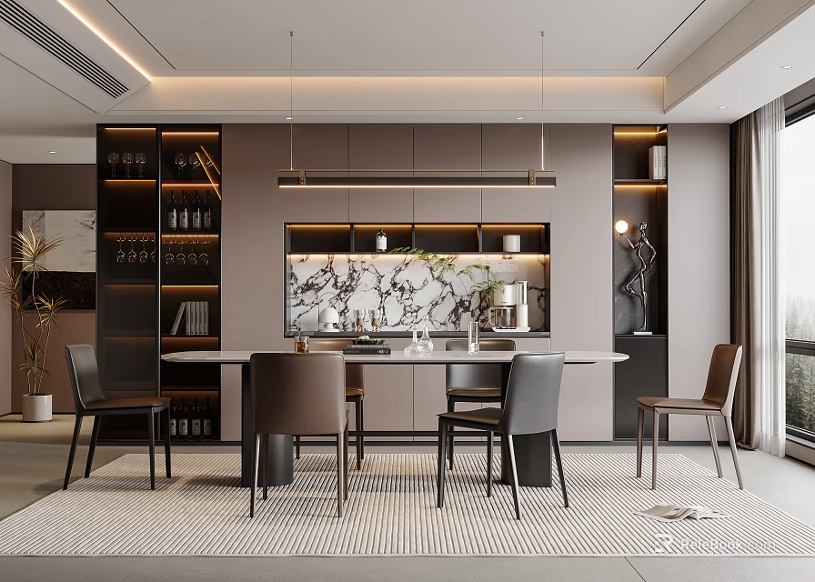 Modern Luxury Restaurant Interior With Dining Table Chairs Marble Backdrop Wall Bookshelves And Pendant Lights 3d model 