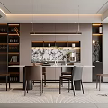 Modern Luxury Restaurant Interior With Dining Table Chairs Marble Backdrop Wall Bookshelves And Pendant Lights
