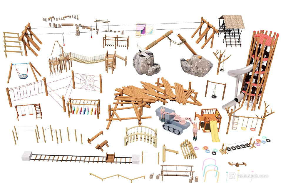 Industrial Outdoor Playground Equipment Featuring Wooden Climbing Frames Slides Ropes And Rock Components 3d model 