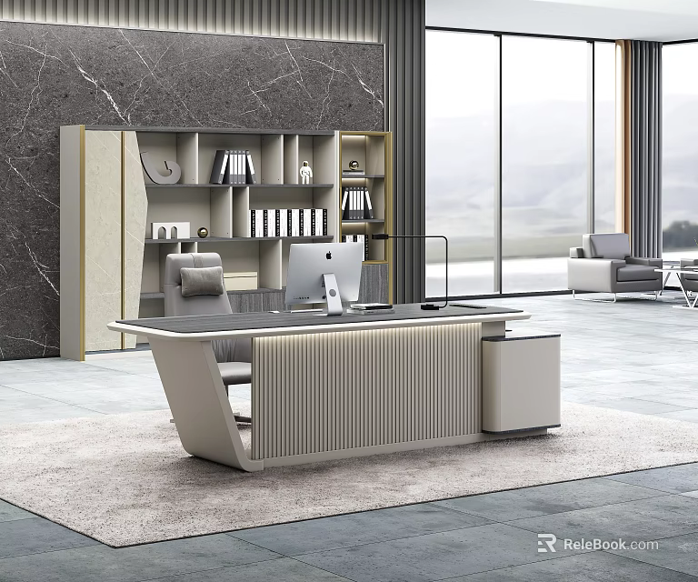 Elegant Modern Office Desk Design With Marble Top And Open Shelves Workspace 3d model 