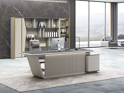 Elegant Modern Office Desk Design With Marble Top And Open Shelves Workspace 3d model