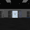 Exhibition Space With Central Clock Installation Surrounded By Cabinets And Reflective Floor
