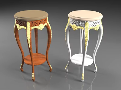 Ornate Decorative Stools With Carved Lattice Design Curved Legs Round Top In Brown White 3d model