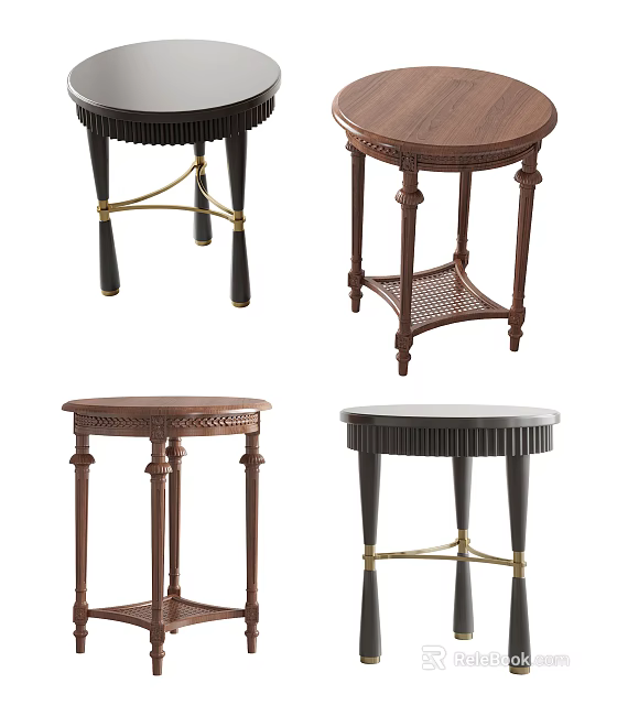 Wooden Side Tables With Round Tops Metal Legs Gold Accents And Woven Details 3d model 