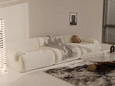 Cream Three Seater Sofa With Blanket Pillows In Modern Living Room With Sunlight Area Rug 3d model