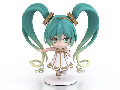 Anime Style Woman With Teal Pigtails Golden Hair Accessories And White Dress On White Base 3d model
