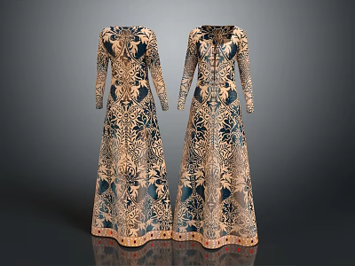 Elegant Long Sleeve Long Dresses With Intricate Blue Gold Patterns And Lace Design 3d model