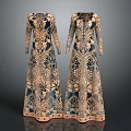 Elegant Long Sleeve Long Dresses With Intricate Blue Gold Patterns And Lace Design