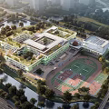 Modern School Building With Multi Story Structure Basketball Court And Students Playing