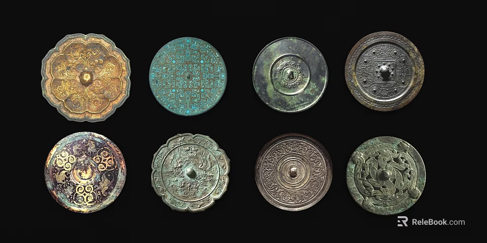 Ancient Bronze Mirrors Displaying Diverse Intricate Decorative Patterns And Designs 3d model