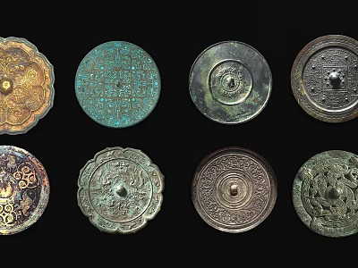 Ancient Bronze Mirrors Displaying Diverse Intricate Decorative Patterns And Designs 3d model
