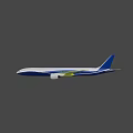 Blue and white passenger airplane flying with large wings and engine shadow below 3d model