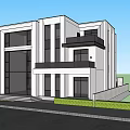 Modern Detached Villa with White Exterior Large Windows Balcony and Black Car Near Greenery