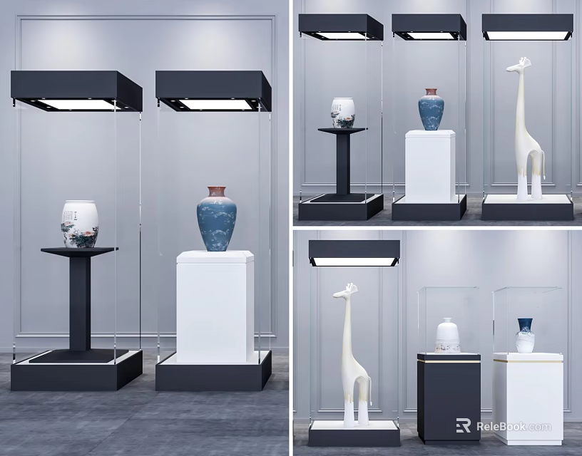 Elegant Modern Glass Showcase Shelves With LED Lighting Displaying Decorative Vases And Sculptures 3d model 