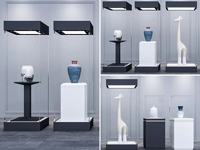 Elegant Modern Glass Showcase Shelves With LED Lighting Displaying Decorative Vases And Sculptures 3d model
